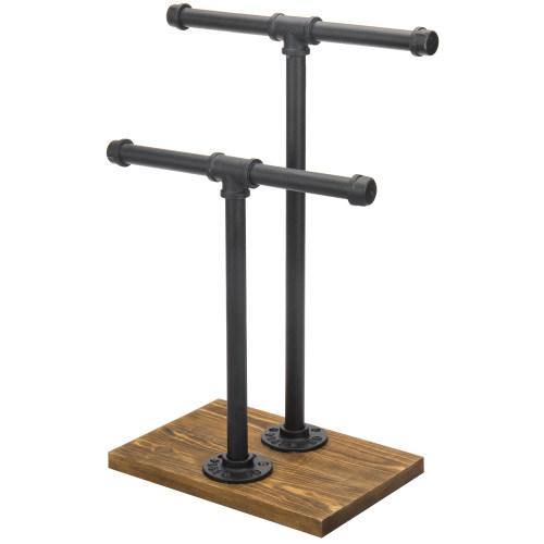 Industrial Pipe & Brown Wood T-Bar Necklace Jewelry Stand - MyGift