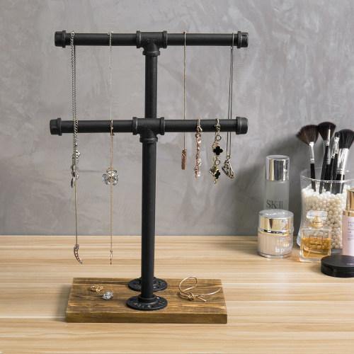Industrial Pipe & Brown Wood T-Bar Necklace Jewelry Stand - MyGift