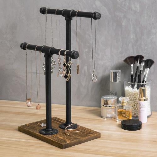Industrial Pipe & Brown Wood T-Bar Necklace Jewelry Stand - MyGift