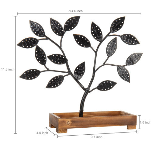 Black Metal Jewelry Tree with Wooden Trinket Tray-MyGift