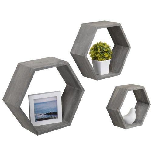 Gray Wood Hexagon Shadow Box Shelves, Set of 3 - MyGift