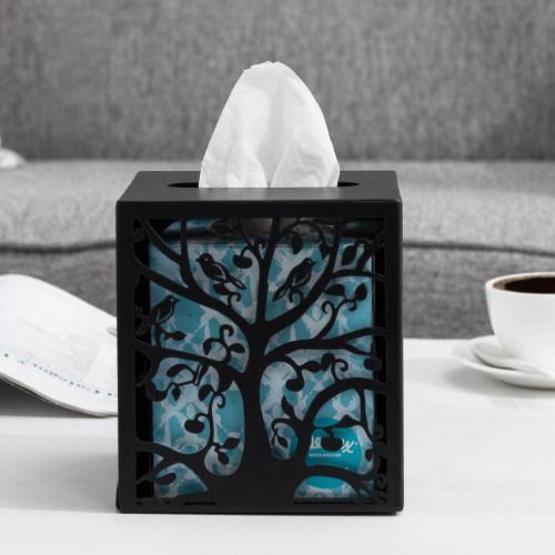 Black Metal Tree & Bird Design Tissue Box Cover - MyGift