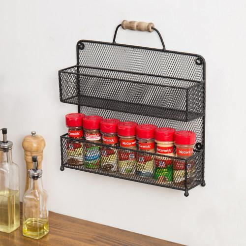 Black Metal Mesh Spice Rack with Rustic Wood Handle - MyGift