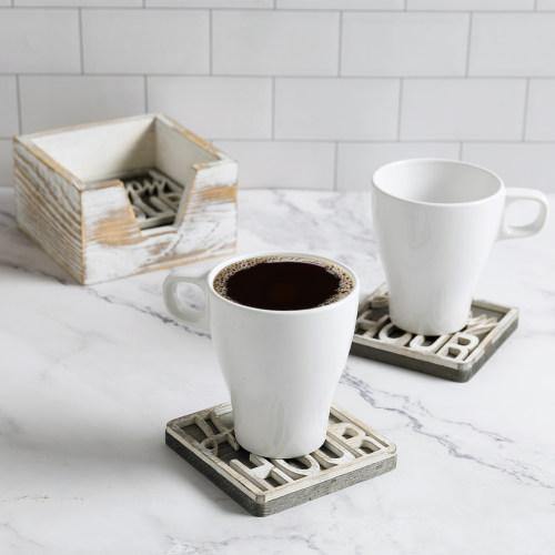 Rustic Whitewashed Wood Happy Hour Coasters Set with Tray - MyGift