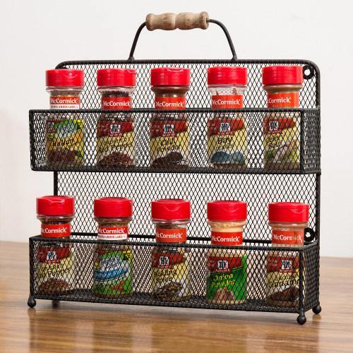 Black Metal Mesh Spice Rack with Rustic Wood Handle - MyGift