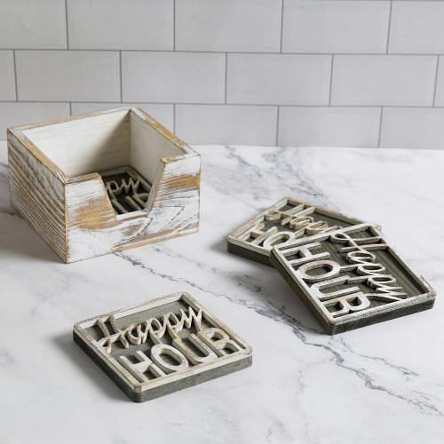 Rustic Whitewashed Wood Happy Hour Coasters Set with Tray - MyGift