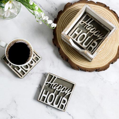 Rustic Whitewashed Wood Happy Hour Coasters Set with Tray - MyGift