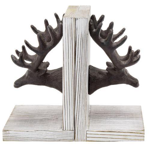 Cast Iron Elk Head and Whitewashed Wood Bookends, Set of 2 - MyGift
