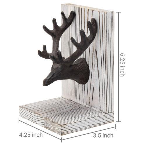 Cast Iron Elk Head and Whitewashed Wood Bookends, Set of 2 - MyGift