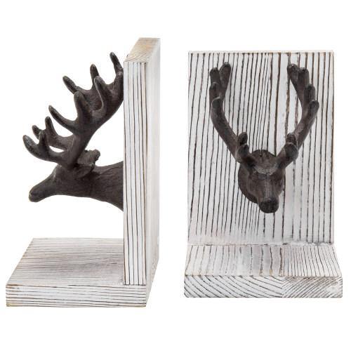 Cast Iron Elk Head and Whitewashed Wood Bookends, Set of 2 - MyGift