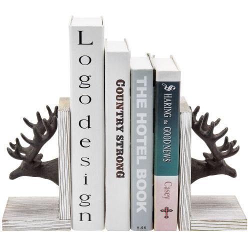 Cast Iron Elk Head and Whitewashed Wood Bookends, Set of 2 - MyGift
