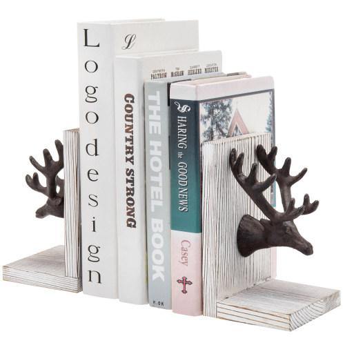 Cast Iron Elk Head and Whitewashed Wood Bookends, Set of 2 - MyGift