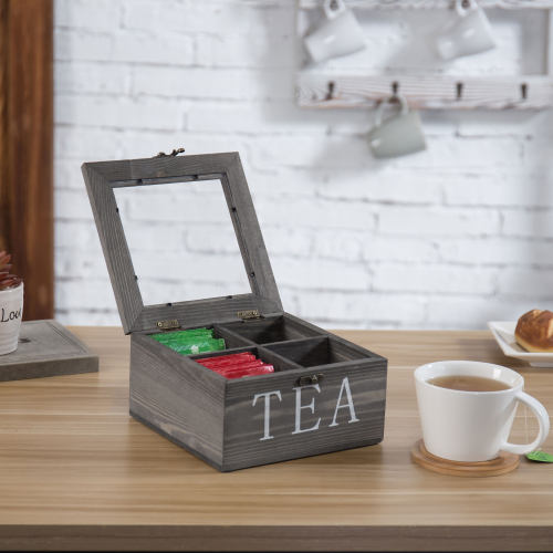 Rustic Gray Wood Tea Storage Box w/ Clear Lid – MyGift