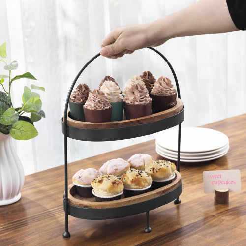 Black Galvanized Metal & Mango Wood Cupcake Display Stand-MyGift