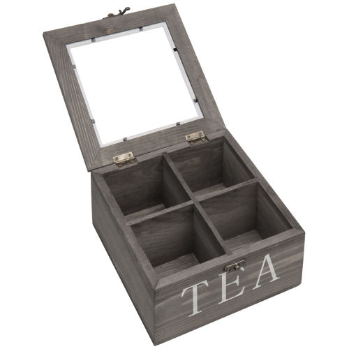 Rustic Gray Wood Tea Storage Box with Clear Lid-MyGift