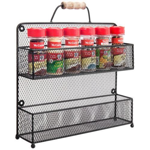 Black Metal Mesh Spice Rack with Rustic Wood Handle - MyGift
