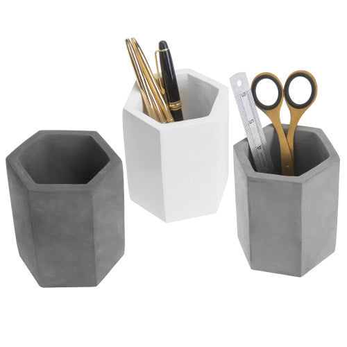 Hexagon Concrete Pencil Cup Set, Black, Gray & White-MyGift
