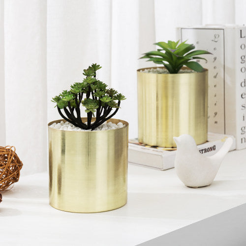 small brass plant pot Flower Vase Brass Tone Brushed Metal Tapered Cylindrical Planter, Set of 2