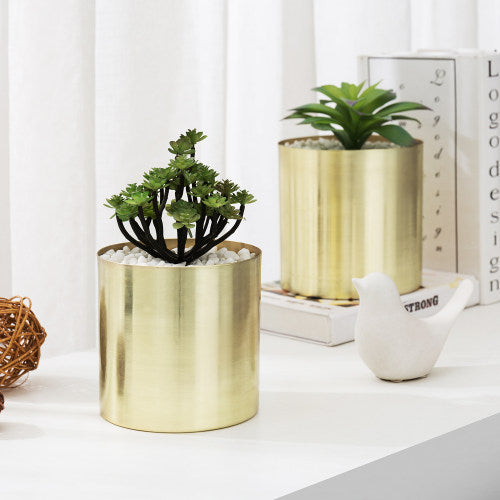 Cylindrical Brushed Brass-Tone Metal Vases, Set of 2-MyGift