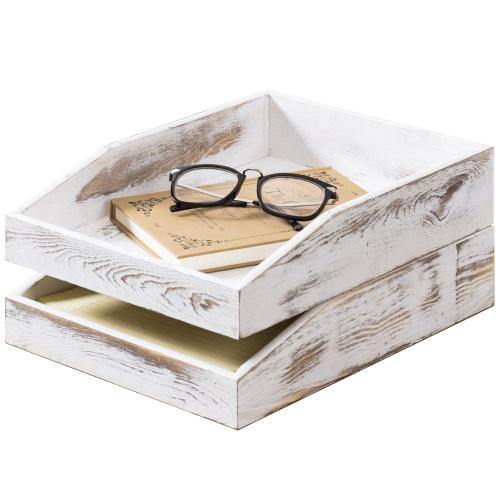 Whitewashed Stacking Wood Document & Paper Trays, Set of 2 - MyGift