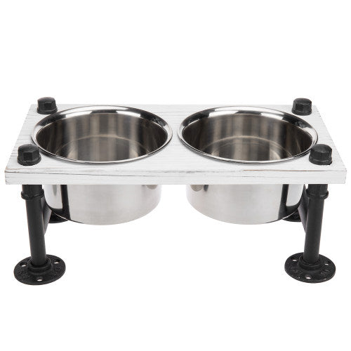 Industrial Style White Wood and Metal Double Dog Feeder w/ Stand-MyGift