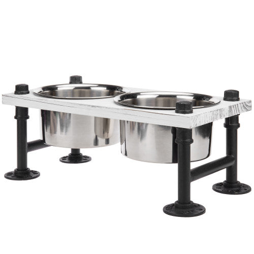 Industrial Style White Wood and Metal Double Dog Feeder w/ Stand-MyGift