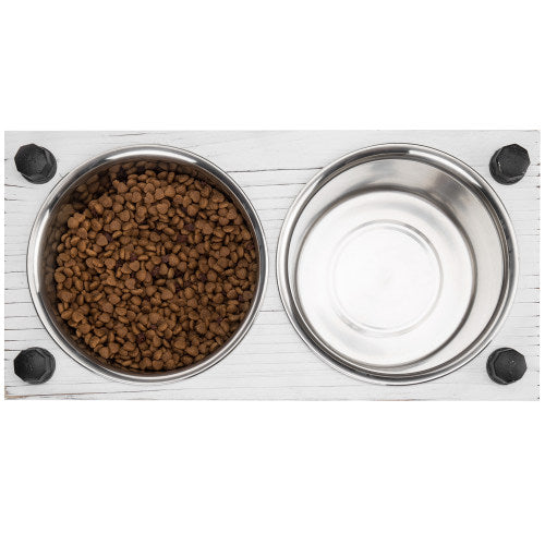 Industrial Style White Wood and Metal Double Dog Feeder w/ Stand-MyGift