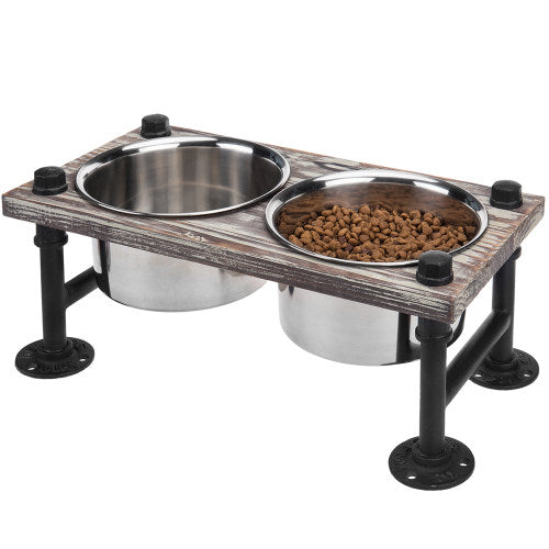 Torched Wood and Industrial Style Pipe Dog Feeder with Stand-MyGift