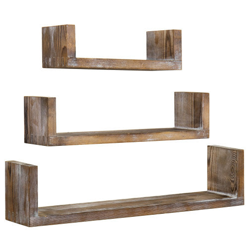 Wall Mounted Wood U-Shaped Floating Shelves, Set of 3, Brown-MyGift