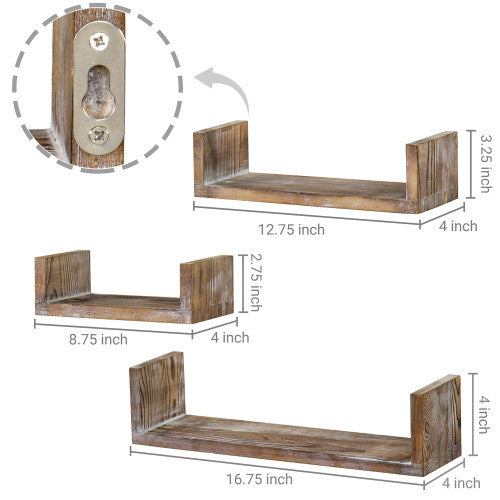 Wall Mounted Wood U-Shaped Floating Shelves, Set of 3, Brown-MyGift