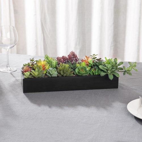 Artificial Succulent Plants in Modern Black Wood Planter-MyGift