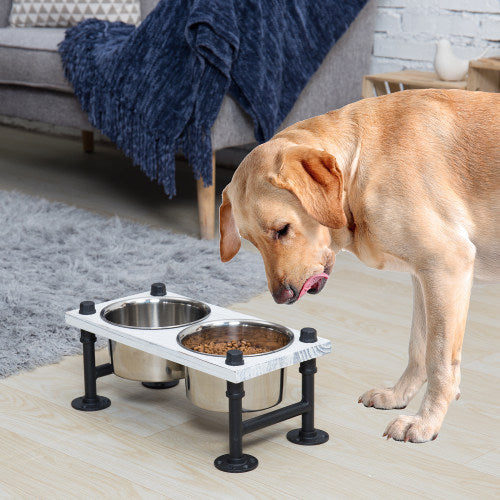 Industrial Style White Wood and Metal Double Dog Feeder w/ Stand-MyGift