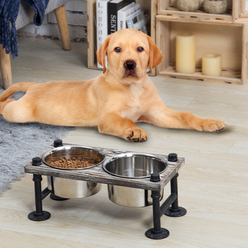 Torched Wood and Industrial Style Pipe Dog Feeder with Stand-MyGift