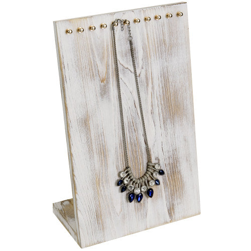 Shabby Chic Whitewashed Wood Necklace Display w/ Brass Hooks-MyGift