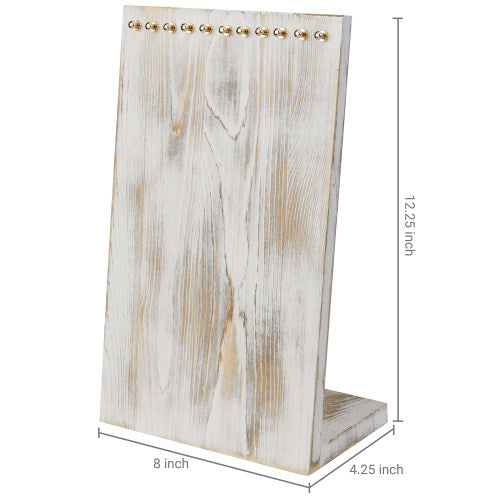 Shabby Chic Whitewashed Wood Necklace Display w/ Brass Hooks-MyGift