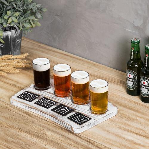 Whitewashed Wood Beer Flight Tray with Chalkboard Labels, Set of 2 - MyGift