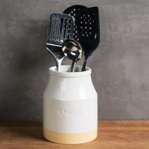White & Brown Ceramic Kitchen Utensils Crock Holder – MyGift