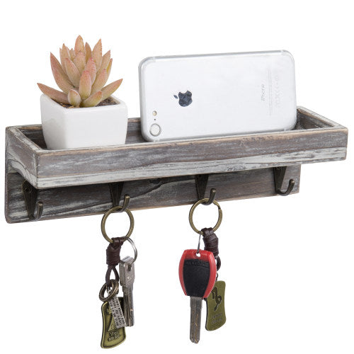 Rustic Torched Wood Entryway Shelf with 4 Vintage Key Hooks-MyGift