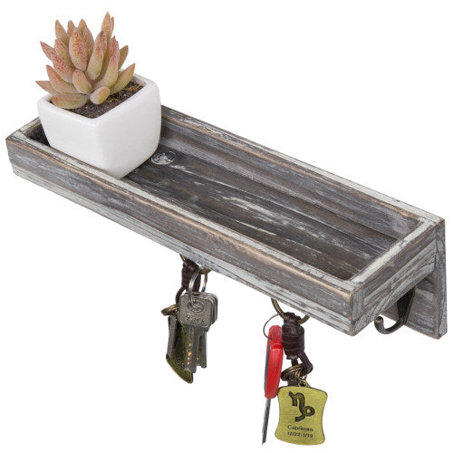 Rustic Torched Wood Entryway Shelf with 4 Vintage Key Hooks-MyGift