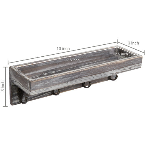 Rustic Torched Wood Entryway Shelf with 4 Vintage Key Hooks-MyGift