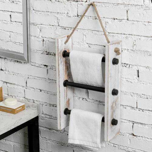 Wall-Hanging Industrial Pipe & Whitewashed Wood Hand Towel Ladder - MyGift