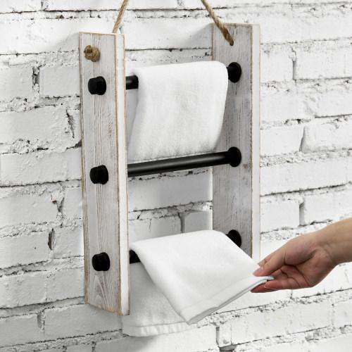 Wall-Hanging Industrial Pipe & Whitewashed Wood Hand Towel Ladder - MyGift