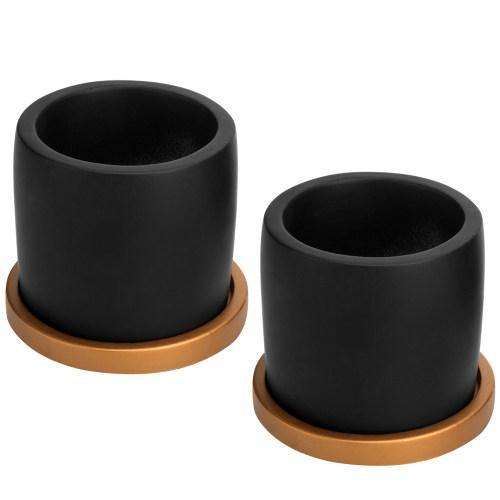 Matte Black Cement Planter with Copper Tone Saucers, Set of 2 - MyGift