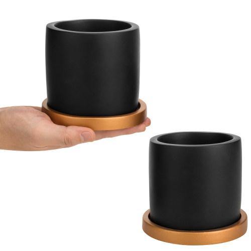 Matte Black Cement Planter with Copper Tone Saucers, Set of 2 - MyGift