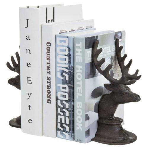 Dark Brown Cast Iron Elk Design Bookends, Set of 2 - MyGift