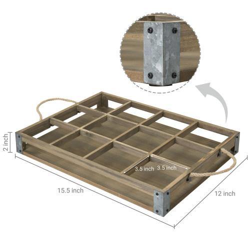 Distressed Wood  12 Slot Tray w/ Corner Wraps & Rope Handles - MyGift