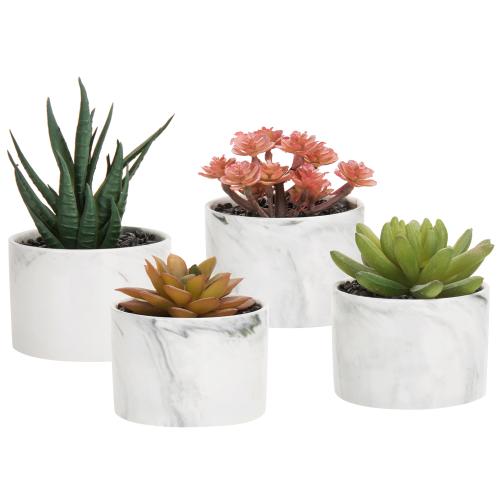 marble succulent pots Mini Artificial Succulents in Round Marbled Ceramic Plant Pots, Set of 4