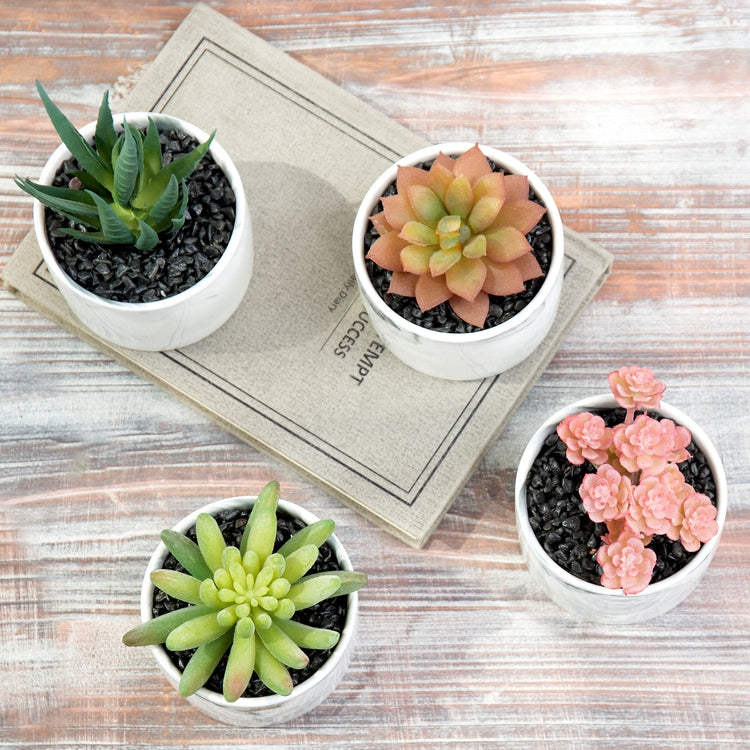 Mini Artificial Succulents in Marbled Ceramic Planters, Set of 4-MyGift
