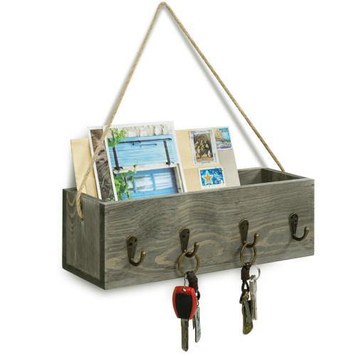 Vintage Gray Wood Entryway Mail Sorter Bin w/ Hooks - MyGift