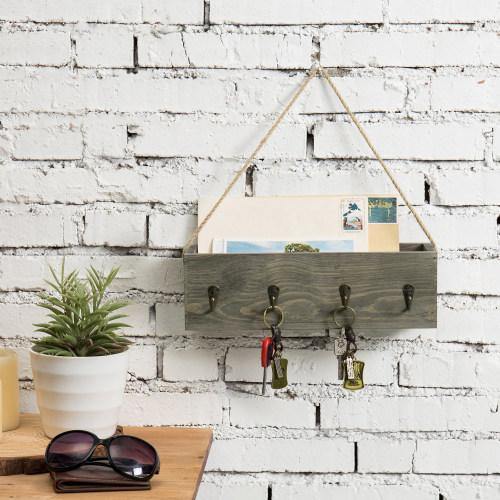 Vintage Gray Wood Entryway Mail Sorter Bin w/ Hooks - MyGift